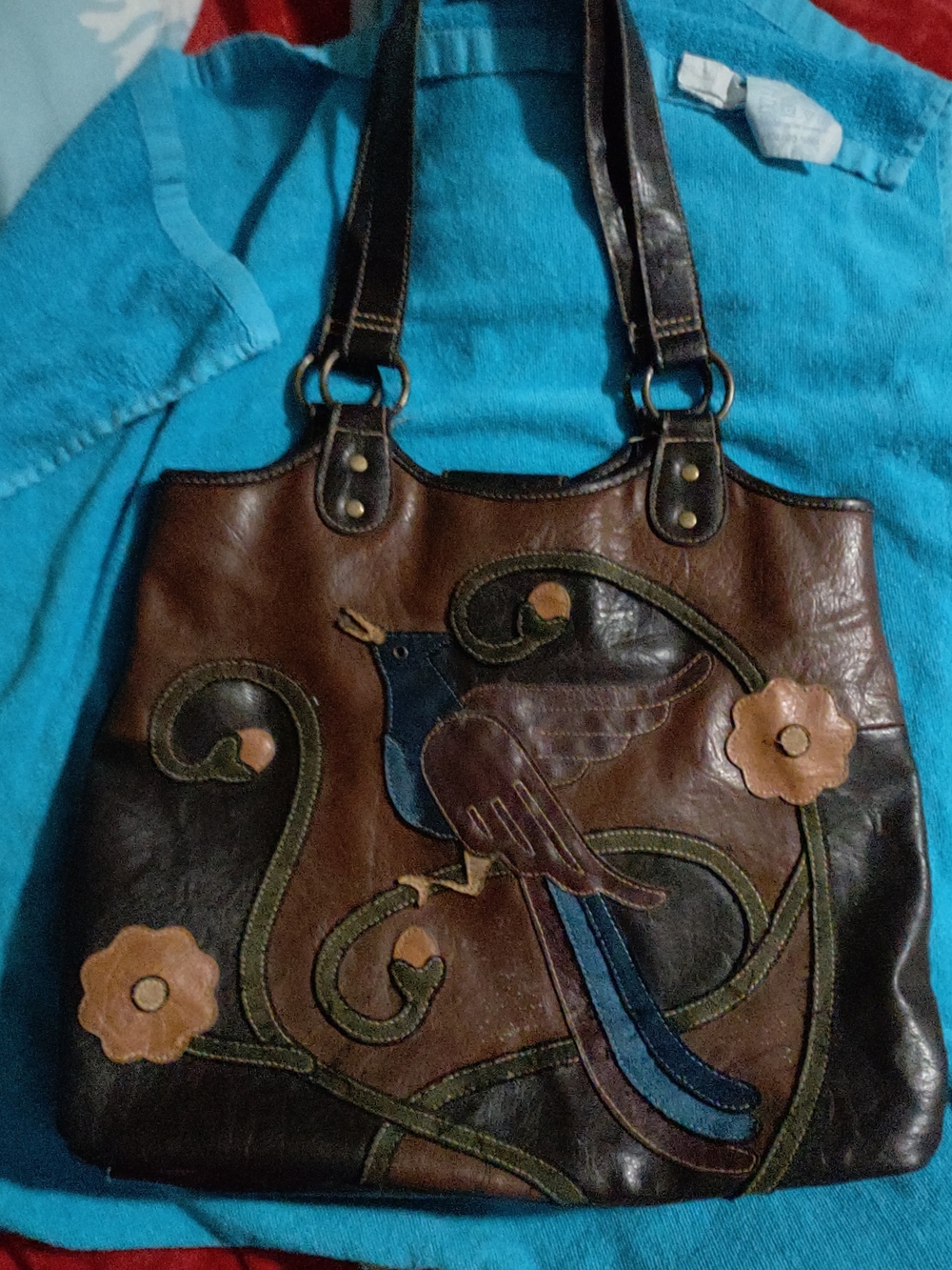 Brown Leather Bird Applique Tote Bag - Women Y1282X